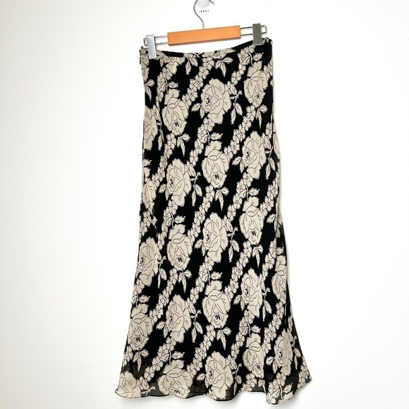 Ann Taylor Silk Floral Midi Fall Black Tan Skirt - Picture 8 of 10